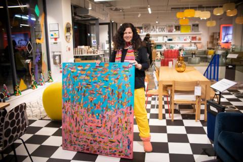 Orna with her work in the habitat store